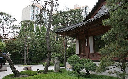 정원 너머 한옥 지붕(뒤로 아파트 건물이 보임)